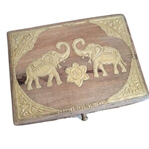 New World Traveler Indian Elephant Gold Wood Keepsake Storage Jewelry Box